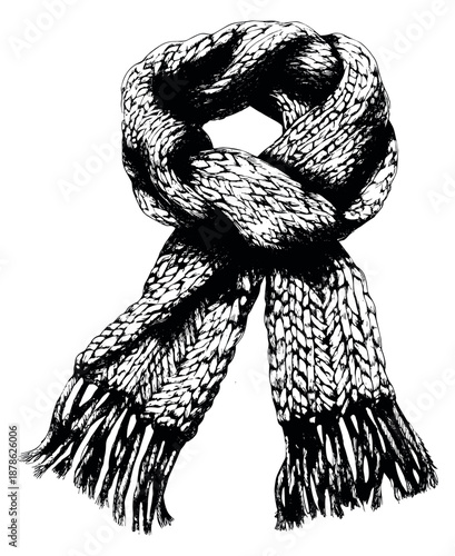 Hand drawn line art illustration of a knitted scarf depicting warm winter fashion for cozy designs