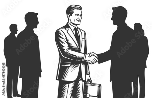 two businessmen shaking hands, symbolizing agreement, partnership, or successful negotiation in corporate setting sketch engraving generative ai fictional character vector illustration. Scratch board