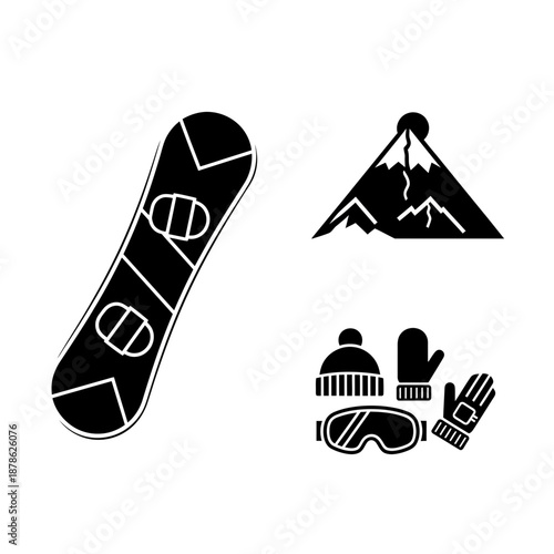 Snowboarding gear and mountain icons for winter sports enthusiasts