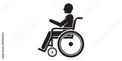Disability wheel chair icon Silhouette vector style on white background,Detailed black silhouette of a man sitting in a manual wheelchair, depicted from a side profile, . isolated on white background
