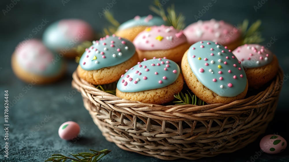 Fototapeta premium Colorful cookies in a basket with decorative icing and sprinkles for an event in a home setting during spring