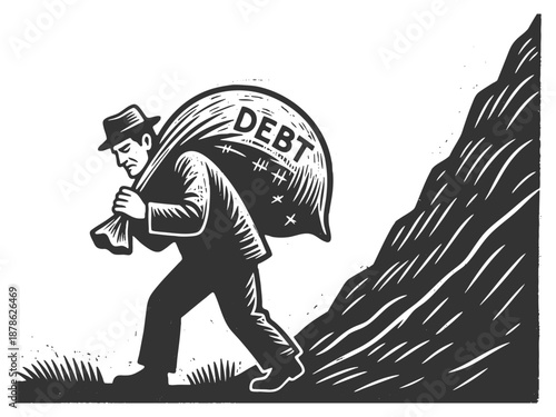 man struggling to carry a large debt sack uphill, symbolizing financial pressure, hardship, and obligation sketch engraving generative ai fictional character vector. Scratch board. Black and white.