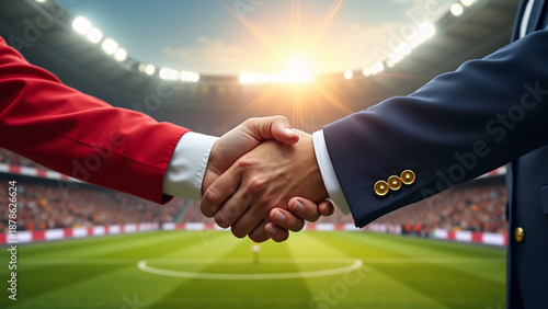 Handshake on stadium turf—sun blazes, crowd watches, red meets black, evoking sportsmanship, partnership, and the fusion of athletic ambition with formal alliance.

