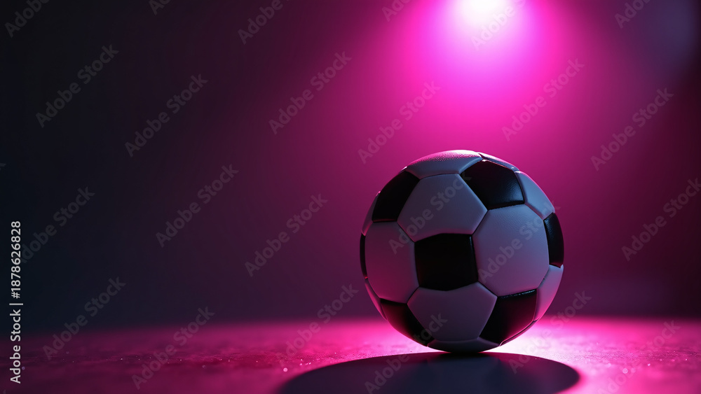 Naklejka premium Soccer ball glows under pink spotlight—dark backdrop and vivid hue evoke sport-core elegance, dramatic tension, and visual purity. 