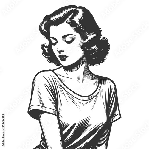 graceful woman with classic hairstyle and closed eyes, expressing calmness, thought, or introspection sketch engraving generative ai vector illustration. Scratch board imitation. Black and white image