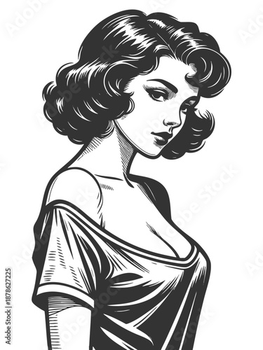 woman in off-shoulder top, with classic wavy hair and intense gaze sketch engraving generative ai fictional character vector illustration. Scratch board imitation. Black and white image.