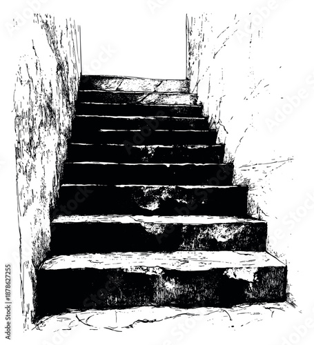 Hand drawn line art illustration of an old stone staircase depicting worn steps for an architectural concept