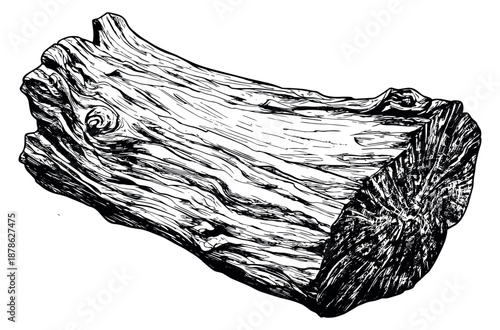 Hand drawn line art illustration of a log depicting natural bark texture for outdoor and nature concepts