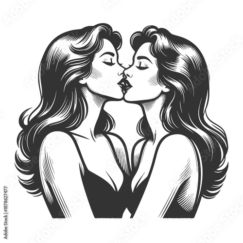 two women gently kissing, depicted in a detailed and emotional line-art style with closed eyes sketch engraving generative ai fictional character vector illustration. Scratch board. Black and white.
