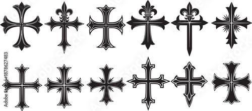 Ornate cross vector set with gothic and fleur-de-lis styles Vector