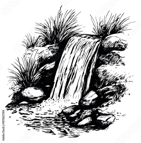 Hand drawn line art illustration of a waterfall depicting flowing water amidst rocks and grass for nature themes