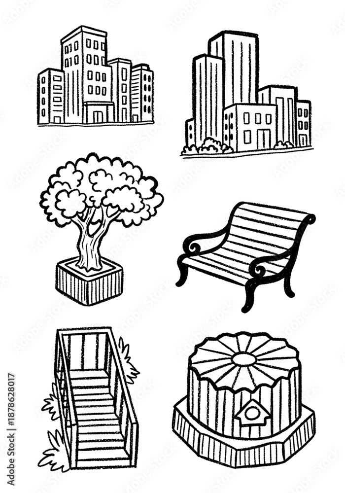 Naklejka premium A collection of hand-drawn urban and park elements including city buildings, a potted tree, park bench, and stairs, in a rough sketch vector illustration style