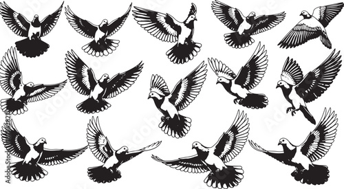 Flying doves hand-drawn black and white vector set Vector