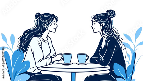 Minimal line illustration of two women having a friendly conversation while drinking coffee. Modern flat style with blue accents, ideal for friendship, lifestyle, communication, cafe, and social conce