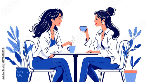 Minimal line illustration of two women having a friendly conversation while drinking coffee. Modern flat style with blue accents, ideal for friendship, lifestyle, communication, cafe, and social conce