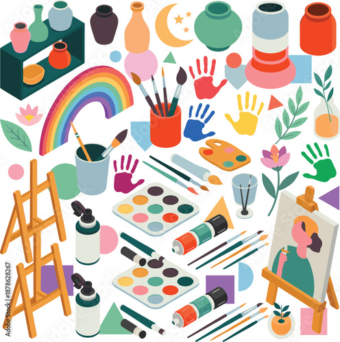 Electrical power substation illustration, high voltage transmission equipment, transformers pylons grid infrastructure, isometric energy distribution system design