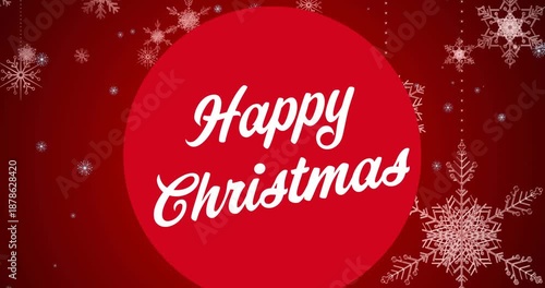 Christmas wreath decoration and snow falling against text on christmas tree on red background