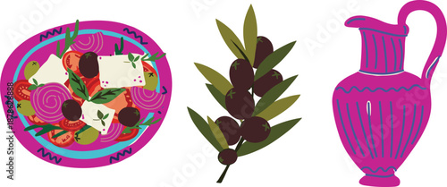 Mediterranean Greek food illustration, salad plate olives olive branch ceramic jug, traditional cuisine elements vector icons isolated design