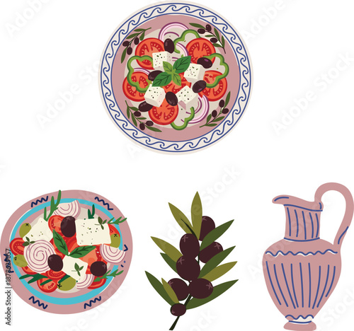 Mediterranean Greek food illustration, salad plate olives olive branch ceramic jug, traditional cuisine elements vector icons isolated design