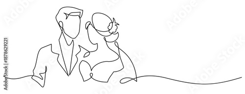 bride and groom wedding ceremony one line drawing continuous minimalism. marrriage couple handdrawn line art decorative