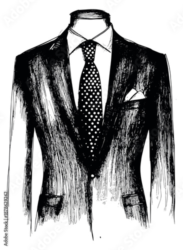 Hand drawn line art illustration of a men's suit jacket depicting a formal ensemble with a polka dot tie for business fashion
