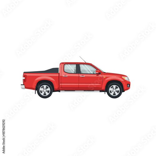 Red Pickup Truck Vector Illustration. Modern Double Cab Cargo Utility Vehicle Isolated on White Background. Automobile Side View Graphic.