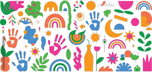Colorful abstract nature shapes, boho rainbows flowers hands, modern minimal illustration, playful Scandinavian nursery wall art vector design pastel decor