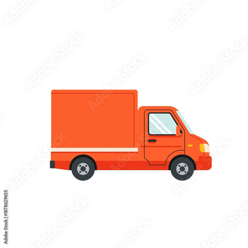 Orange Delivery Truck in Flat Design Style. Side View Vector Illustration of Commercial Cargo Van for Shipping, Logistics, and E-commerce Transport, Isolated on White Background.