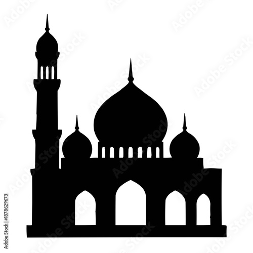 Vector illustration of a white marble Taj Mahal silhouette featuring the iconic dome and minarets, a historic Agra landmark and mausoleum representing Indian architecture and tourism in Asia