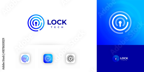 Lock Logo Icon Cyber Security Data Information Technology, Key Fingerprint Protect System, Finger Print Access, Unique Keyhole, Digital Padlock, Network Safe, Line Sign Identity. Vector Illustration