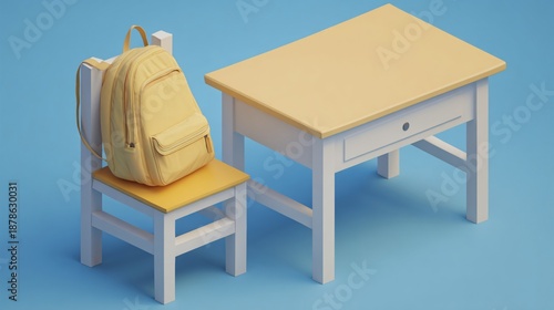 Isometric view of a school desk, chair, and backpack in a simple, vibrant color scheme