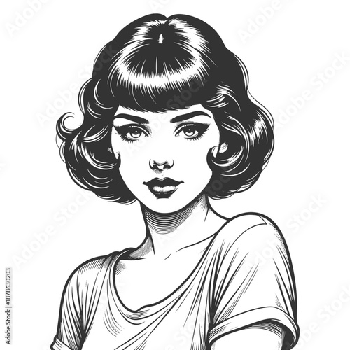 young woman with vintage hairstyle and confident expression, blending classic beauty with modern charm sketch engraving generative ai vector illustration. Scratch board imitation. Black and white.
