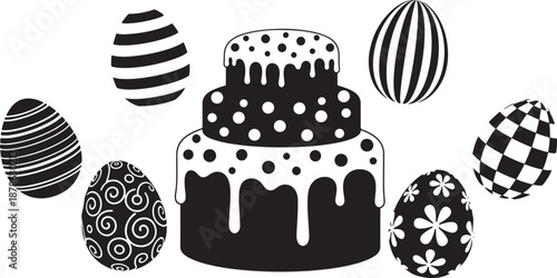 Black and white easter cake with decorative eggs Vector