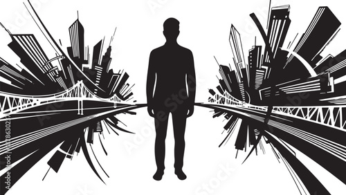 Man standing between city skylines with abstract background design