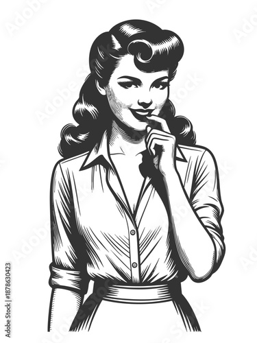 smiling woman in classic attire with a flirty, thoughtful pose and styled hair sketch engraving generative ai fictional character vector illustration. Scratch board imitation. Black and white image.