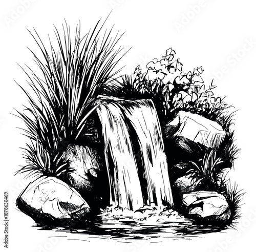 Hand drawn line art illustration of a waterfall depicting water flowing over rocks for natural landscape design