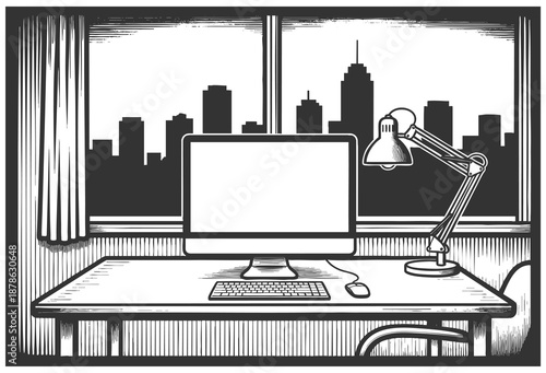 workspace setup with computer, lamp, chair, and city skyline outside the window, symbolizing productivity sketch engraving generative ai vector illustration. Scratch board imitation. Black and white.