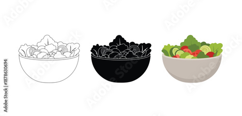Bowls of Salad Vector Set in Three Styles — Line Art, Silhouette and Color Version for Islamic Design, App UI, Posters and Branding