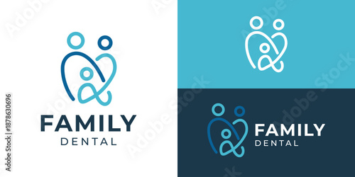 Creative simple family dental logo template. Minimal teeth with family, people, partner, friendship logo design vector illustration.