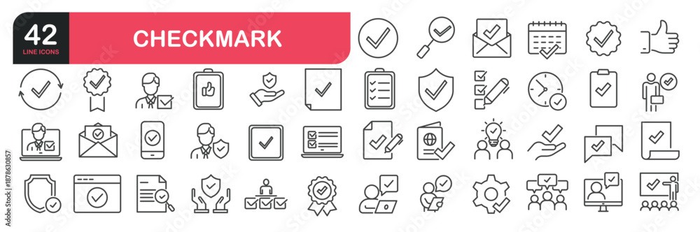 Fototapeta premium Set of line icons related to checked, approved, certified, accepted and validation. Outline icons collection. Editable stroke. Vector illustration
