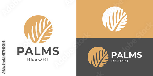 Creative simple palms resort logo template. Palm leaf logo design vector illustration.