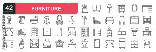 Set of line icons related to architecture, lamp, desk, plant, mirror, armchair, fireplace, oven, chair, dressing table, wardrobe, office chair, apartment, real estate. Outline icons collection. Editab