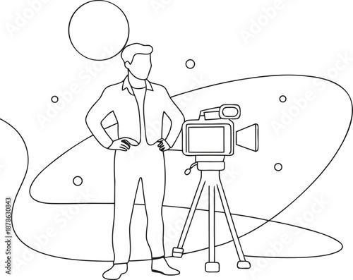 line drawing of a man standing next to a video camera