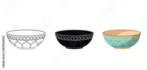 Bowls with Decorative Patterns Vector Set in Three Styles — Line Art, Silhouette and Color Version for Islamic Design, App UI, Posters and Branding