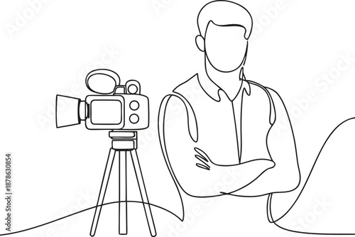 Continuous line drawing of a man standing next to a video camera