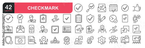 Set of line icons related to checked, approved, certified, accepted and validation. Outline icons collection. Editable stroke. Vector illustration