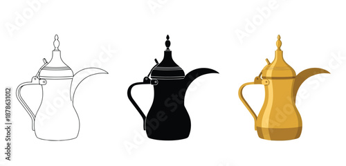 Traditional Coffee Pots Vector Set in Three Styles — Line Art, Silhouette and Color Version for Islamic Design, App UI, Posters and Branding