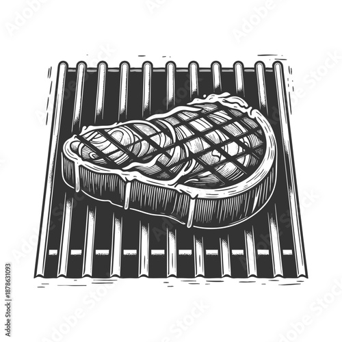 grilled steak on a barbecue grate, ideal for restaurant or BBQ design use sketch engraving generative ai fictional character vector illustration. Scratch board imitation. Black and white image.