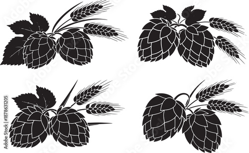 Hops and wheat beer ingredients silhouette vector set Vector