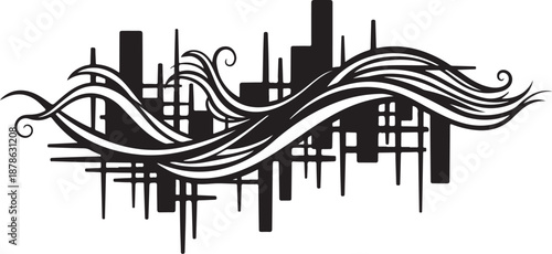 Modern cityscape with abstract wave design and black skyscrapers